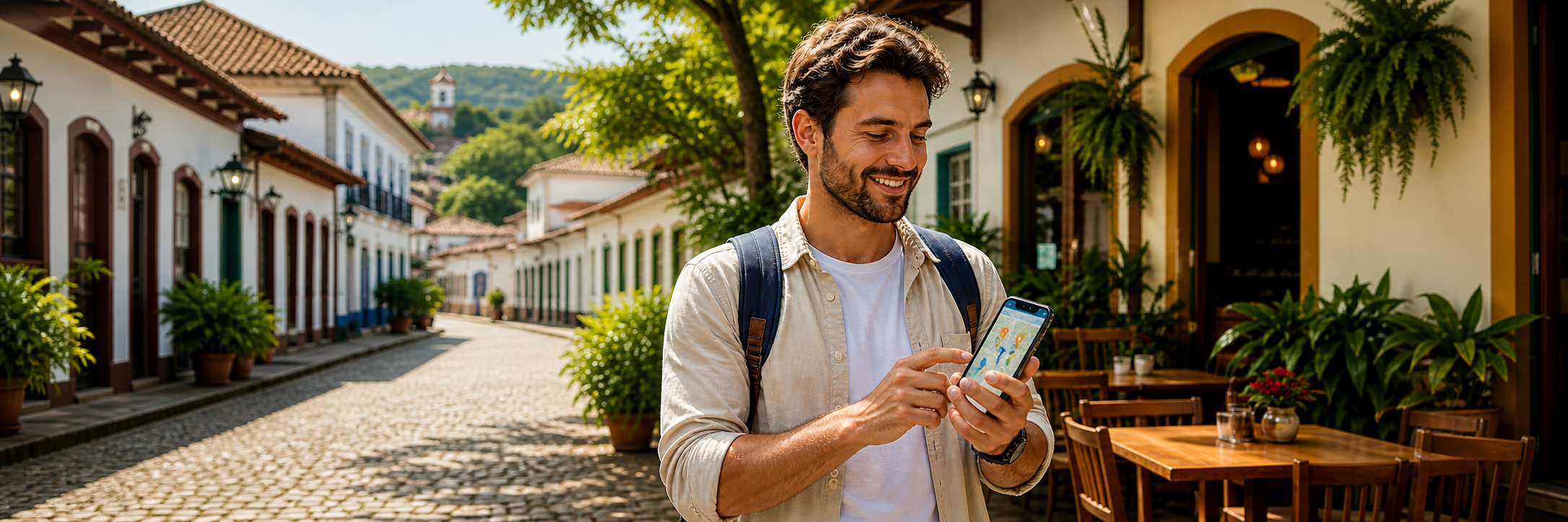 Turista usando o CidadeTurismo no celular em uma rua histórica